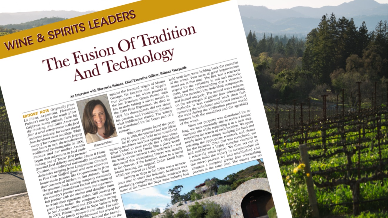 An article titled 'The Fusion Of Tradition And Technology' from Wine & Spirits Leaders, featuring Florencia Palmaz, CEO of Palmaz Vineyards, with a scenic vineyard backdrop.
